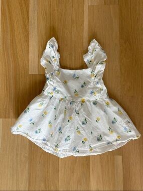 Janie and Jack White Floral Ruffle Seersucker Top with Yellow & Blue Flowers